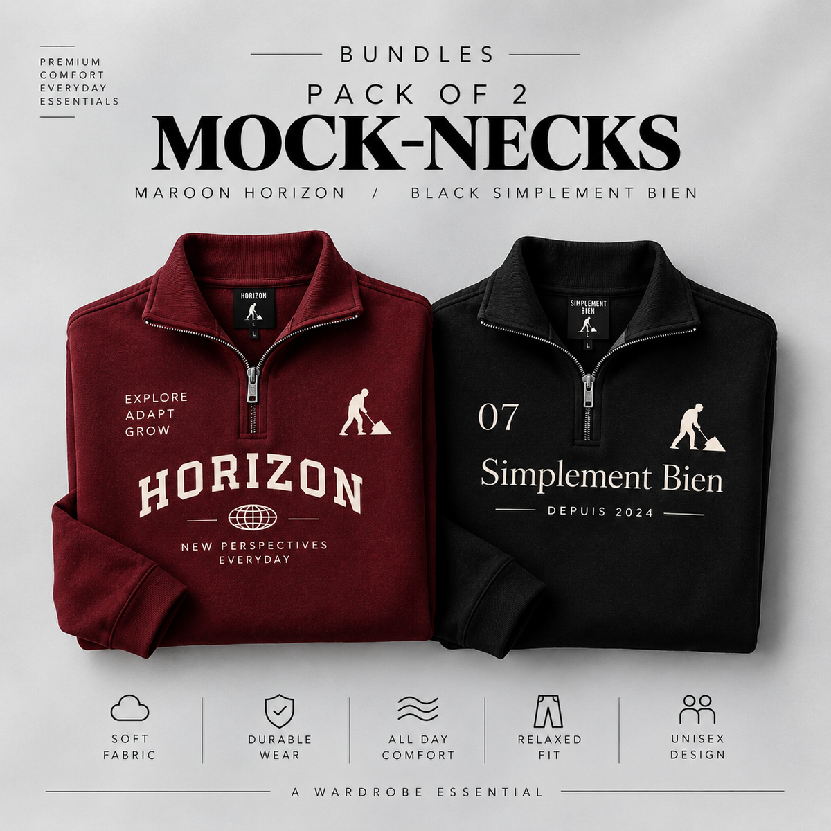 Pack of 2 Mock Neck - SB(black) , Horizon(Maroon)